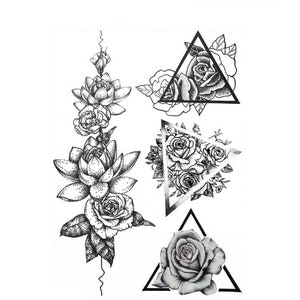 May include: Four black and white temporary tattoo designs featuring roses and floral patterns. The designs include a single rose in a triangle, a cluster of roses in a triangle, and two floral designs.