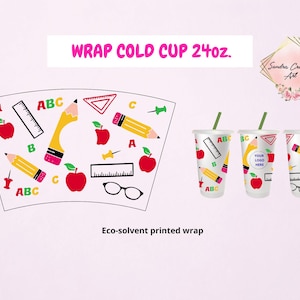 May include: White cold cup with a green straw, decorated with school-themed graphics. The design includes red apples, yellow pencils, rulers, and the letters "ABC". The cup is designed to hold 24 ounces.
