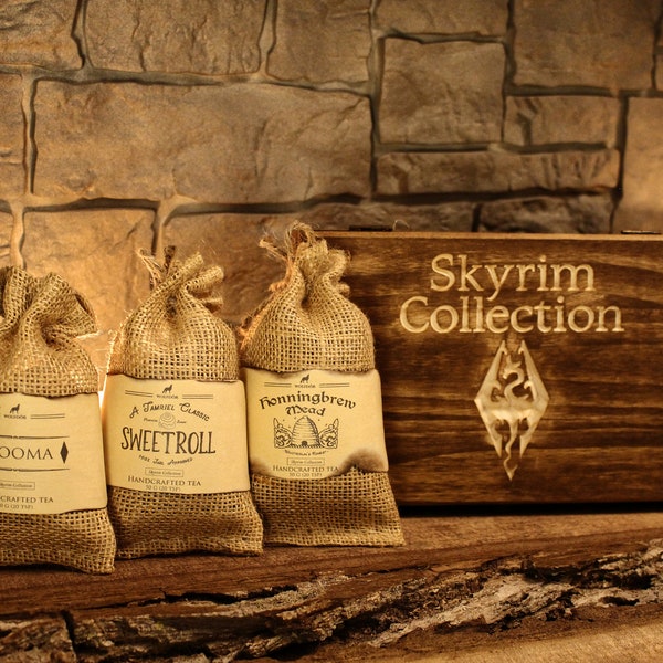 Coffre à thé fabriqué à la main de la collection Skyrim et lot de 3 thés - Elder Scrolls, thé, fantastique, médiéval, gaming, artisanal, coffre, inspiré de Skyrim