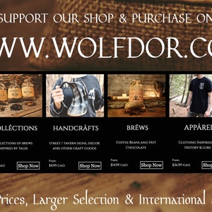 May include: A website banner advertises a shop called Wolfdor.com, selling teas, collections of brews, handcrafted goods, coffee beans, apparel, and gift cards. The banner features images of the products and the text "Support our shop & purchase on www.wolfdor.com".