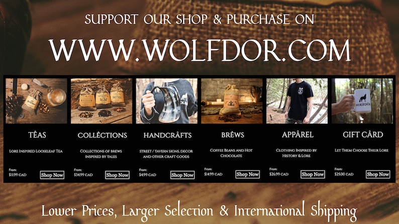 May include: A website banner advertises a shop called Wolfdor.com, selling teas, collections of brews, handcrafted goods, coffee beans, apparel, and gift cards. The banner features images of the products and the text "Support our shop & purchase on www.wolfdor.com".