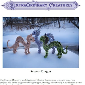 May include: Three crocheted serpent dragons in different colors: beige, blue, and green. The dragons are posed on a snowy background. The image text reads "Serpent Dragon".