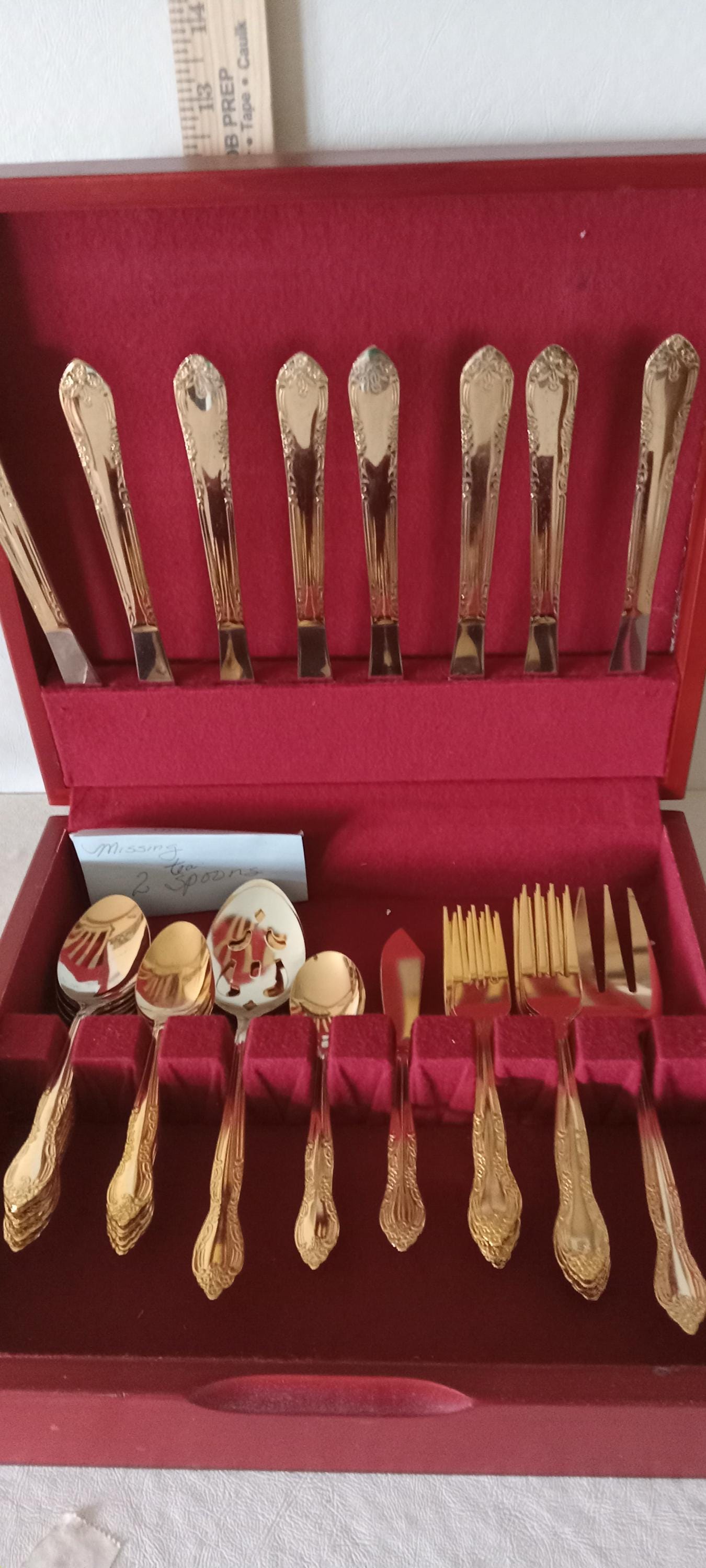 43 pc Goldtone Flatware Set in Wooden Box  Service for 8