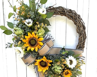 Summer Fall Sunflower Wreath for Front Door, Thanksgiving Holiday Autumn Wreath for Front Door, Farmhouse Wreath, Home Decor, Gift