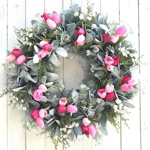 Pink Tulips Lambs Ear Wreath for Front Door, Spring Valentines Easter Summer Wreath for Front Door, Farmhouse Decor Wreath, Mothers Day Gift