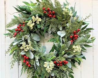 Woodland Christmas Holiday Winter Wreath for Front Door, Red & White Christmas Holiday Wreath for Front Door, Lambs Ear Wreath, Gift Decor