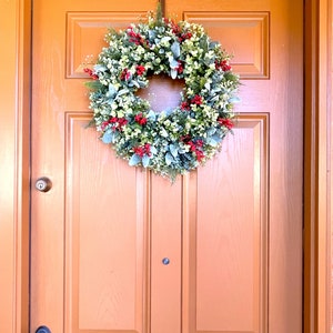 Eucalyptus Lamb's Ear & Red Berries Christmas Holiday Winter Wreath for ...