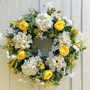 Cream Hydrangea Yellow Rose Spring Wreath for Front Door, Summer Wreath for Front Door, Home Decor, Farmhouse Wreath, Wedding, Gift