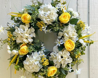 Cream Hydrangea Yellow Rose Spring Wreath for Front Door, Summer Wreath for Front Door, Home Decor, Farmhouse Wreath, Wedding, Gift