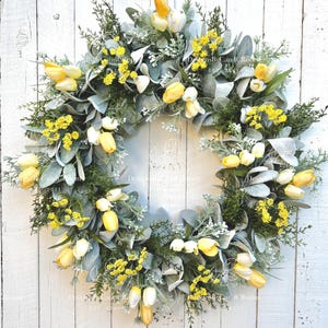 Yellow Tulips Lamb's Ear Wreath, Spring Summer Wreath for Front Door, Farmhouse Wreath, Easter Wreath, Mother's Day Gift,Home Decor image 1