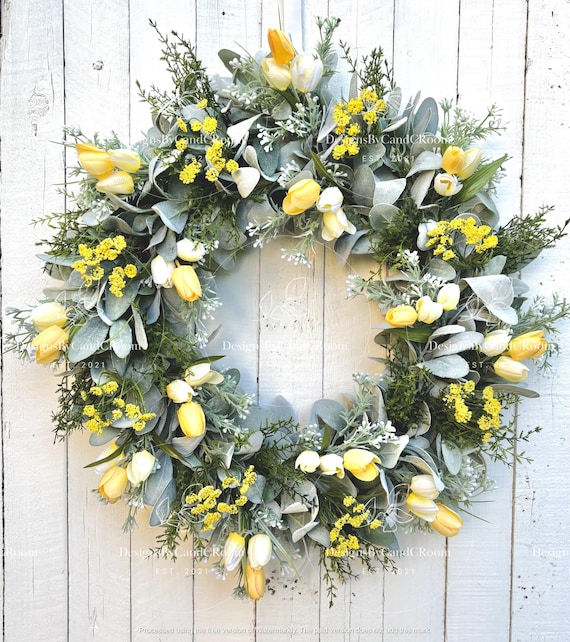 Yellow Tulips Lamb's Ear Wreath, Spring Summer Wreath for Front Door, Farmhouse Wreath, Easter Wreath, Mother's Day Gift,Home Decor