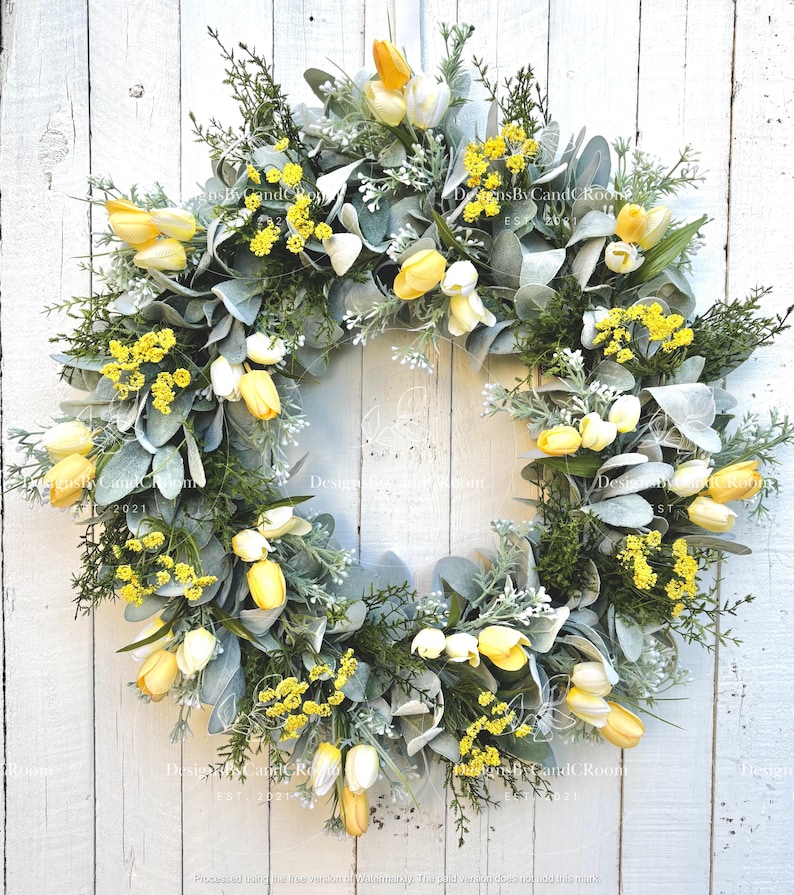 Yellow Tulips Lamb's Ear Wreath, Spring Summer Wreath for Front Door, Farmhouse Wreath, Easter Wreath, Mother's Day Gift,Home Decor image 1