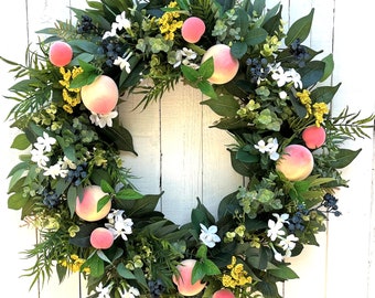 Peach Blue Berry Fruit Wreath for Front Door, Summer Wreath for Front Door, Farmhouse Wreath, Year-Round Wreath, Home Decor, Spring Wreath