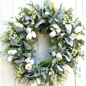 White Cream Tulip Wreath, Lamb's Ear Spring Wreath for Front Door, Summer Wreath for Front Door, Farmhouse Wreath, Wedding Gift