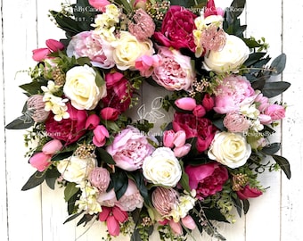 Pink Peony Tulips Wreath, Spring Summer Valentines Easter Wreath for Front Door, Mother's Day Gift, Farmhouse Decor, Home Wedding Decor