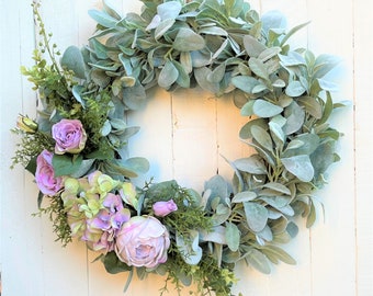 Lavender Purple Peony, Rose & Hydrangea Lambs Ear Spring Wreath for Front Door, Summer Wreath for Front Door, Mother's Day Gift, Farmhouse