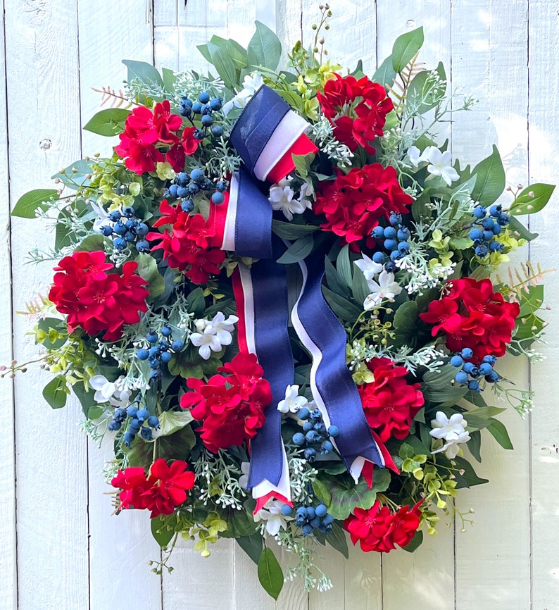 Red White & Blue Berry Wreath for Front Door, Patriotic Wreath Fourth 4th of July Wreath for Front Door, Summer Wreath for Front Door, Gift image 2