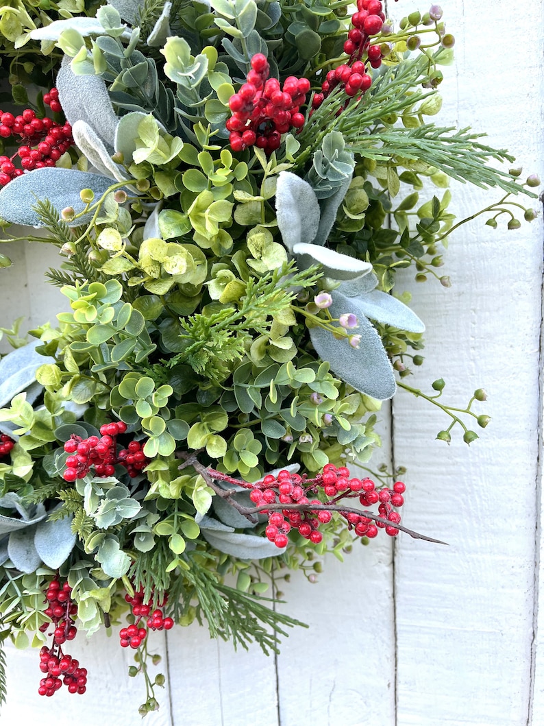 Eucalyptus Lamb's Ear & Red Berries Christmas Holiday Winter Wreath for ...