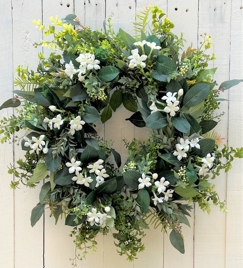 Year-Round All Season Wreath For Front Door, White Stephanotis Spring Summer Wreath for Front Door, Wedding Home Decor Gift image 1