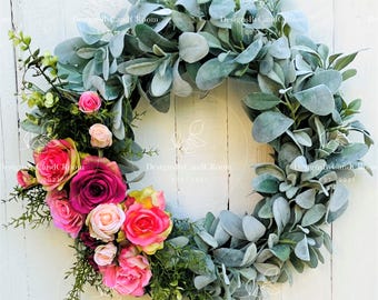 Lambs Ear Spring Wreath for Front Door, Summer Wreath for Front Door, Rose Wreath, Mother's Day Gift, Farmhouse, Wedding, Home Decor, Gift