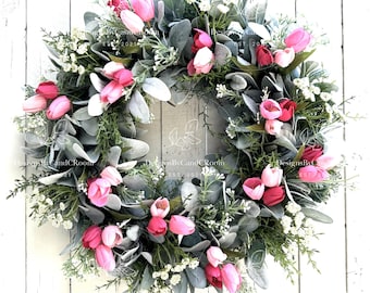 Pink Tulips Lambs Ear Wreath for Front Door, Spring Valentines Easter Summer Wreath for Front Door, Farmhouse Decor Wreath, Mothers Day Gift
