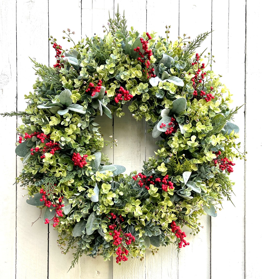 Eucalyptus Lamb's Ear & Red Berries Christmas Holiday Winter Wreath for ...