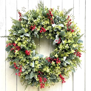 Eucalyptus Lamb's Ear & Red Berries Christmas Holiday Winter Wreath for Front Door, Home Decor, Gift