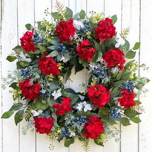 Red White & Blue Berry Wreath for Front Door, Patriotic Wreath Fourth 4th of July Wreath for Front Door, Summer Wreath for Front Door, Gift image 1