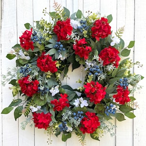 Red White & Blue Berry Wreath for Front Door, Patriotic Wreath Fourth 4th of July Wreath for Front Door, Summer Wreath for Front Door, Gift image 1