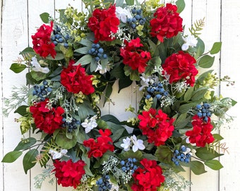 Red White & Blue Berry Wreath for Front Door, Patriotic Wreath Fourth 4th of July Wreath for Front Door, Summer Wreath for Front Door, Gift