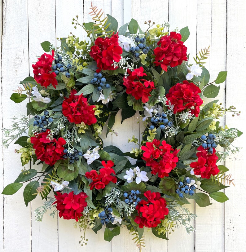 Red White & Blue Berry Wreath for Front Door, Patriotic Wreath Fourth 4th of July Wreath for Front Door, Summer Wreath for Front Door, Gift image 1