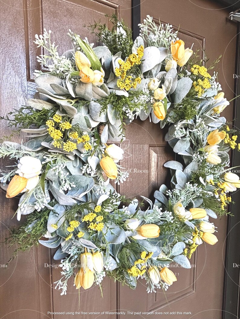 Yellow Tulips Lamb's Ear Wreath, Spring Summer Wreath for Front Door, Farmhouse Wreath, Easter Wreath, Mother's Day Gift,Home Decor image 10