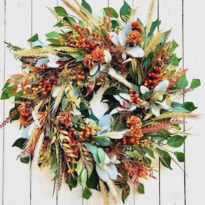 Fall Autumn Berries, Lambs Ear Wreath for Front Door, Thanksgiving, Harvest Festival Wreath for Front Door, Fall Wreath, Berries Wreath