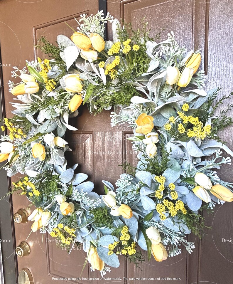 Yellow Tulips Lamb's Ear Wreath, Spring Summer Wreath for Front Door, Farmhouse Wreath, Easter Wreath, Mother's Day Gift,Home Decor image 11