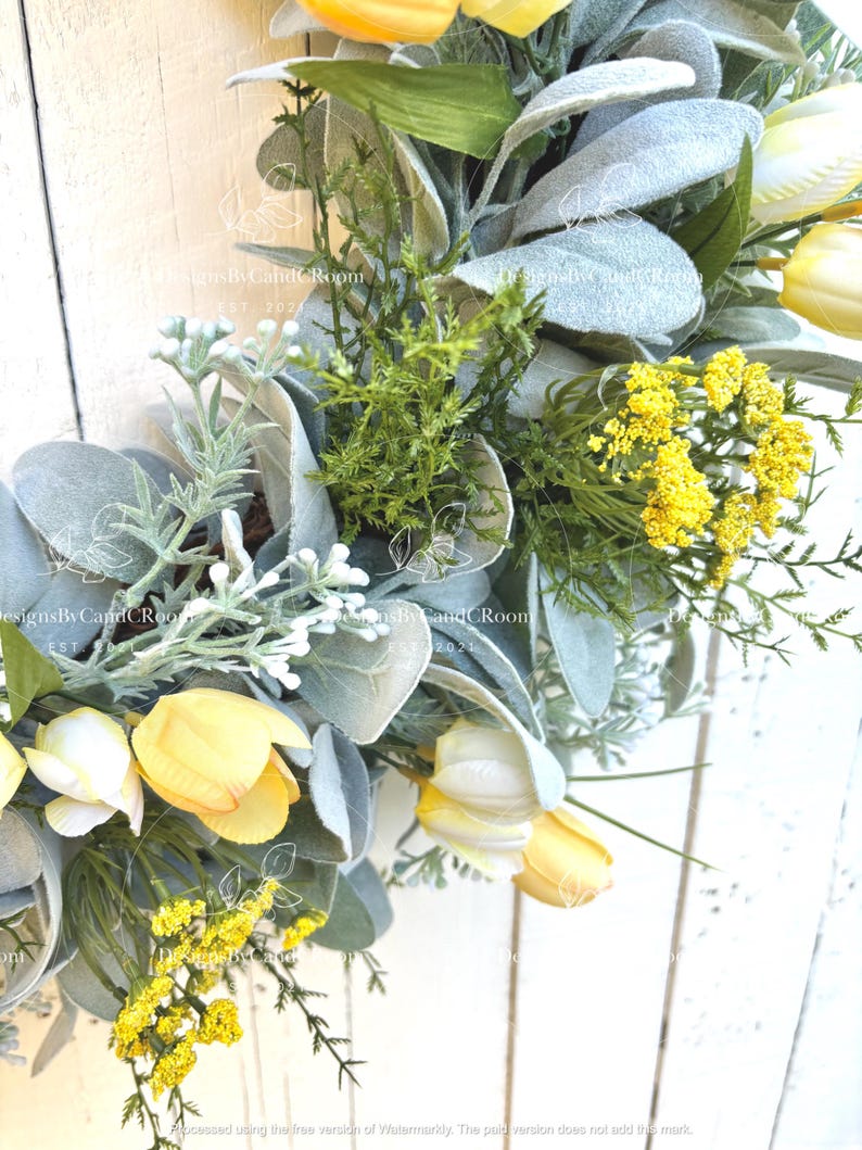 Yellow Tulips Lamb's Ear Wreath, Spring Summer Wreath for Front Door, Farmhouse Wreath, Easter Wreath, Mother's Day Gift,Home Decor image 4