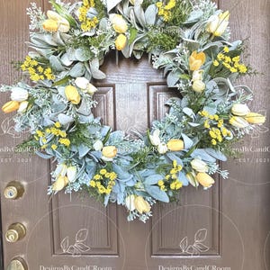 Yellow Tulips Lamb's Ear Wreath, Spring Summer Wreath for Front Door, Farmhouse Wreath, Easter Wreath, Mother's Day Gift,Home Decor image 8