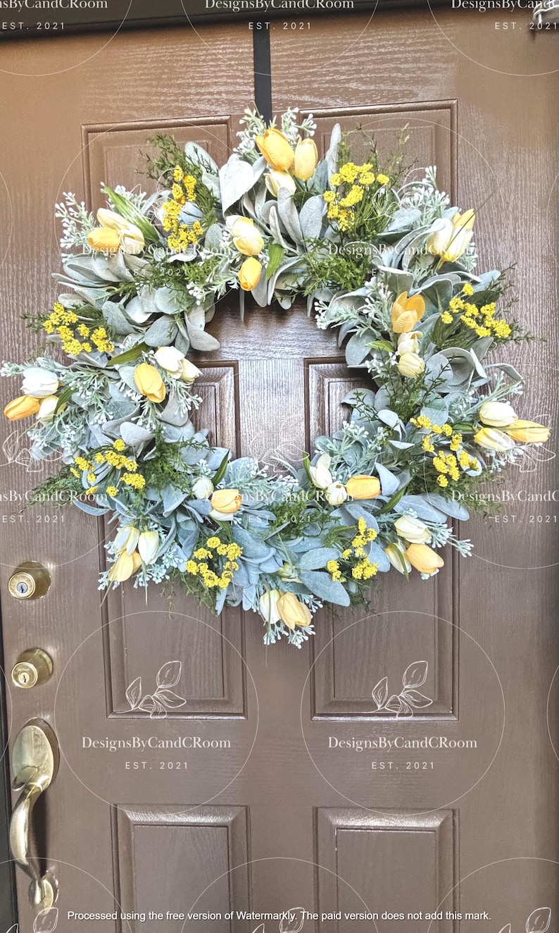 Yellow Tulips Lamb's Ear Wreath, Spring Summer Wreath for Front Door, Farmhouse Wreath, Easter Wreath, Mother's Day Gift,Home Decor image 8