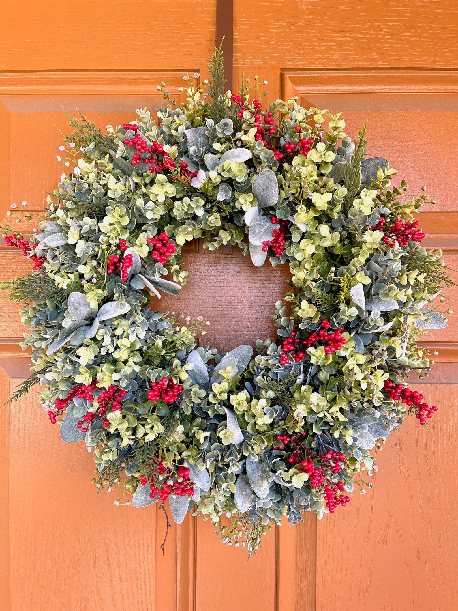 Eucalyptus Lamb's Ear & Red Berries Christmas Holiday Winter Wreath for ...