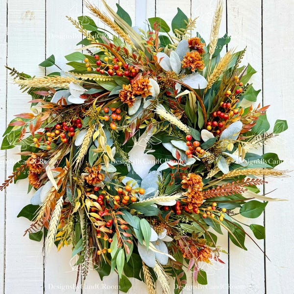 Fall Autumn Berries, Lambs Ear Wreath for Front Door, Thanksgiving, Harvest Festival Wreath for Front Door, Fall Wreath, Berries Wreath