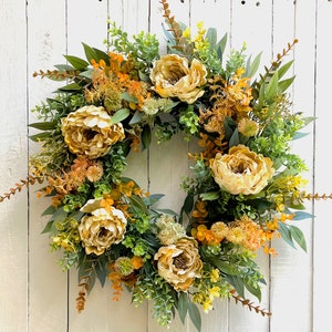 Fall Autumn Peony Wreath for Front Door, Summer Fall Faux Wreath for Front Door, Thanksgiving Harvest Wreath for Front Door