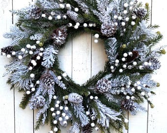 Flocked White Neutral Winter Christmas Holiday Pine Cedar Berries Pinecones Evergreen Wreath for Front Door, Home Decor, Gift