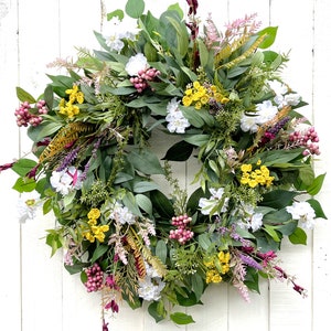 Bouquet Spring Wreaths for Front Door, Summer Wreaths for Front Door, Cherry Blossom Wild Flowers Wreaths for Front Door, Farmhouse Decor