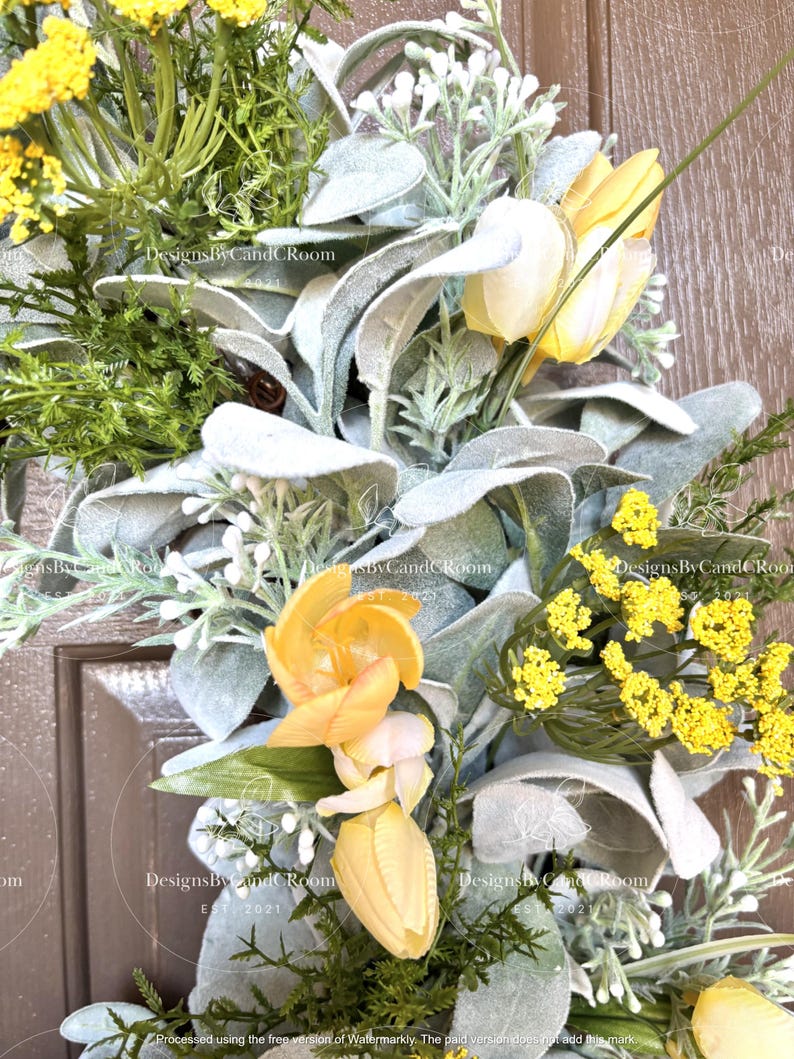 Yellow Tulips Lamb's Ear Wreath, Spring Summer Wreath for Front Door, Farmhouse Wreath, Easter Wreath, Mother's Day Gift,Home Decor image 9