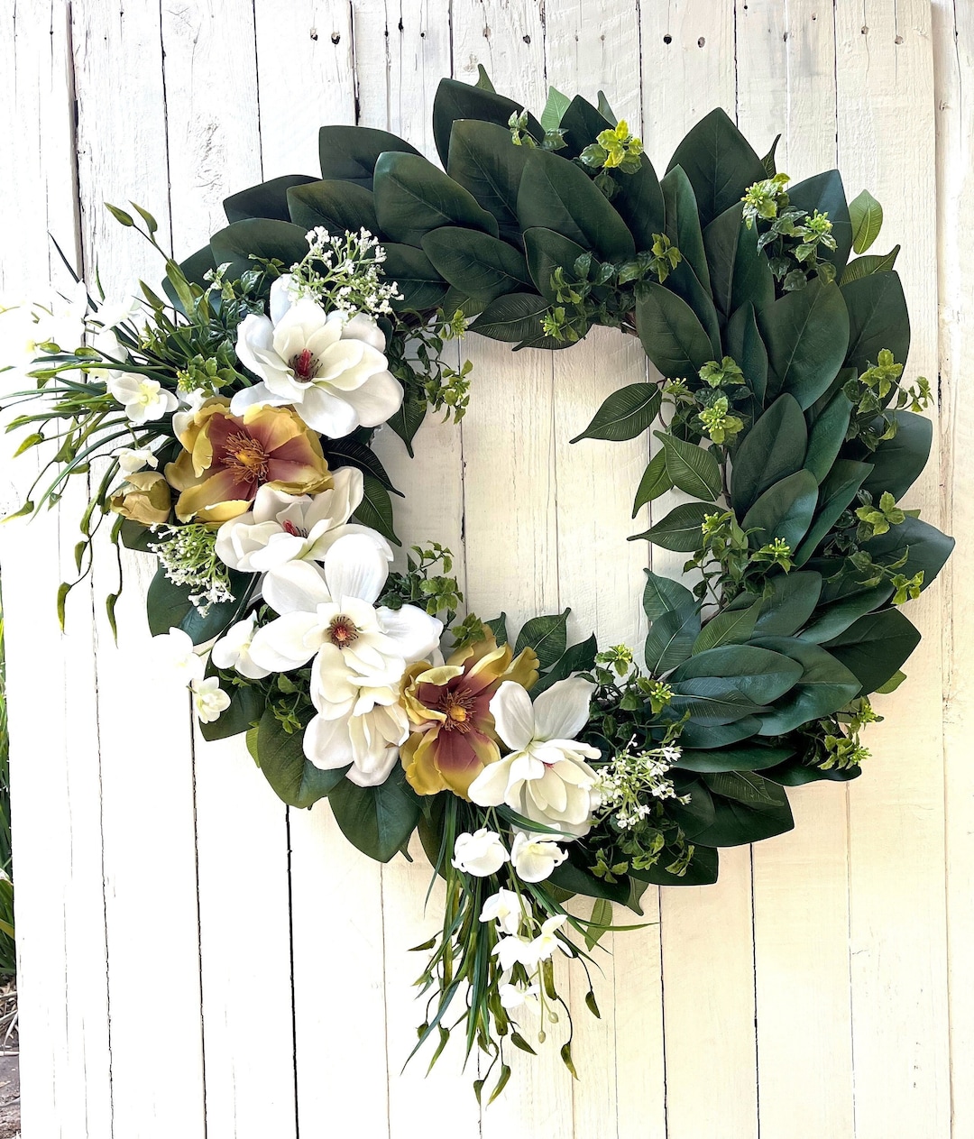 White & Green Magnolia Wreath Spring Wreath for Front Door