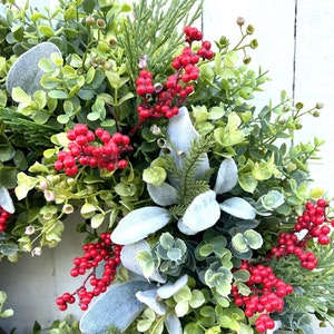 Eucalyptus Lamb's Ear & Red Berries Christmas Holiday Winter Wreath for ...