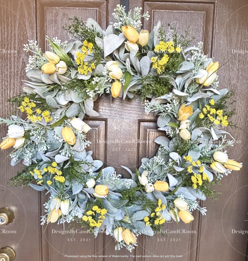 Yellow Tulips Lamb's Ear Wreath, Spring Summer Wreath for Front Door, Farmhouse Wreath, Easter Wreath, Mother's Day Gift,Home Decor image 7