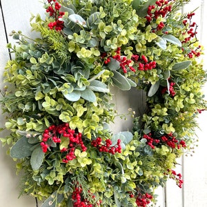Eucalyptus Lamb's Ear & Red Berries Christmas Holiday Winter Wreath for ...