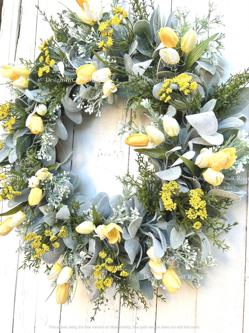 Yellow Tulips Lamb's Ear Wreath, Spring Summer Wreath for Front Door, Farmhouse Wreath, Easter Wreath, Mother's Day Gift,Home Decor image 6