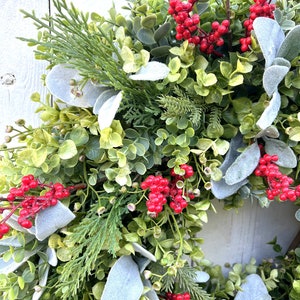 Eucalyptus Lamb's Ear & Red Berries Christmas Holiday Winter Wreath for ...