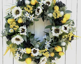 Lemon Sunflower Berry Wreath for Front Door, Spring Summer Wreath for Front Door, Farmhouse Wreath, Year-Round Wreath, Home Decor